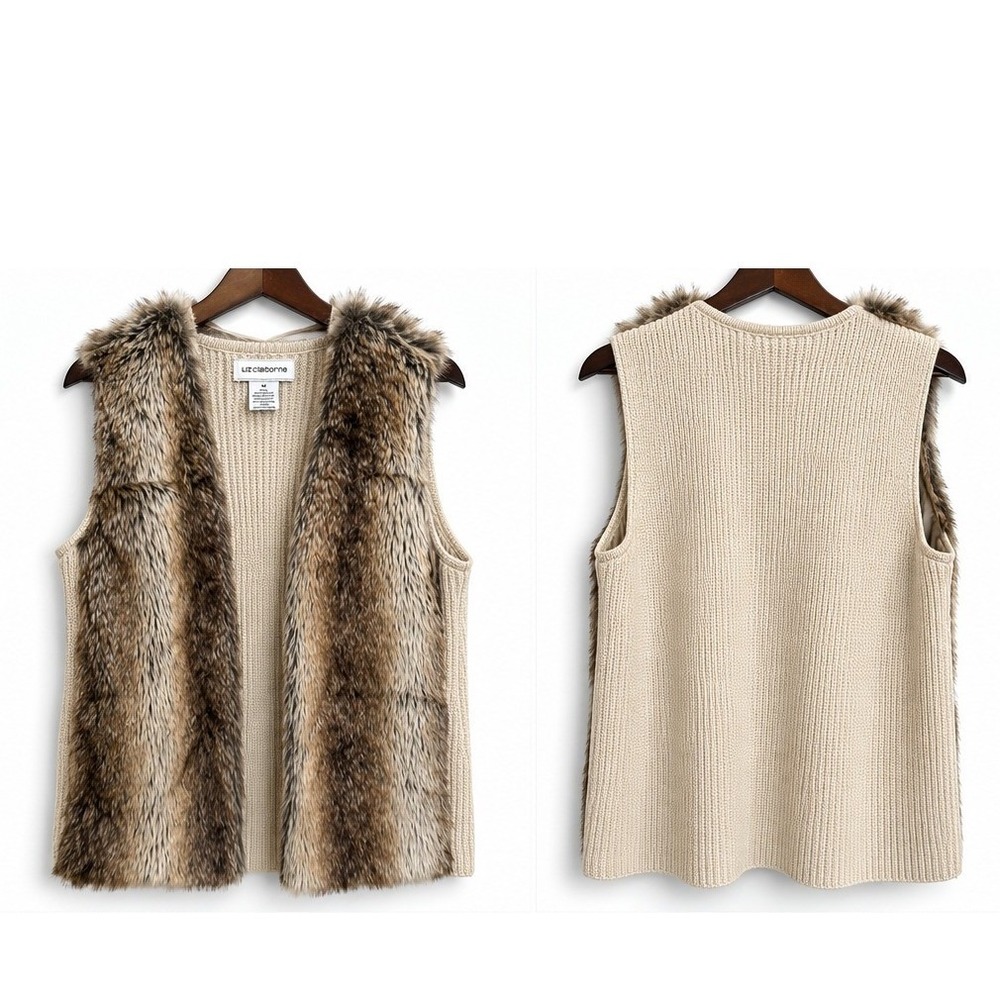 Liz Claiborne Faux Fur Ribbed Knit Vest Size M Cream Brown Open Front Apres Ski